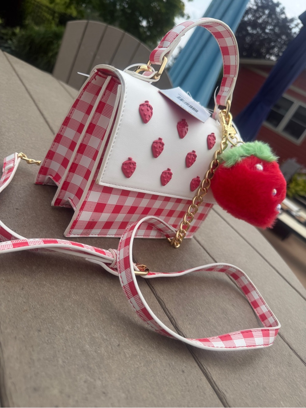 Betsey Johnson Strawberry Gingham Crossbody Satchel Charm Bag NWT Pink White